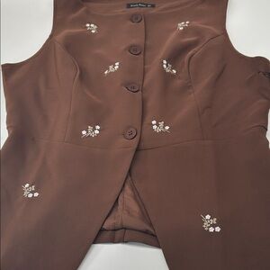 Sleeveless Brown Embroidered Button-Front Blouse Vest
